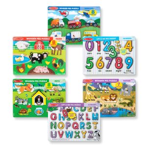 Wooden Peg Puzzle 6-Pack: Vehicles. Numbers. Safari. Farm. Pets. Alphabet